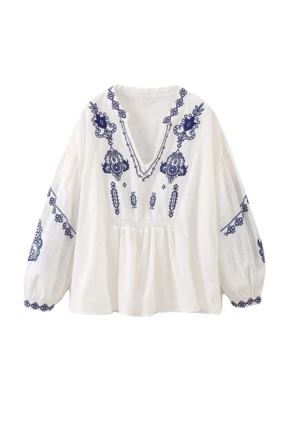 Emily  V-neck Embroidered Casual Shirt Top Fashion