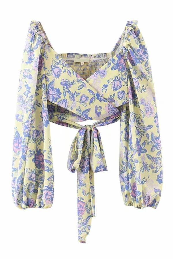 Jacqueline  Floral Long-Sleeve Tie Crop Top Hot on Sale