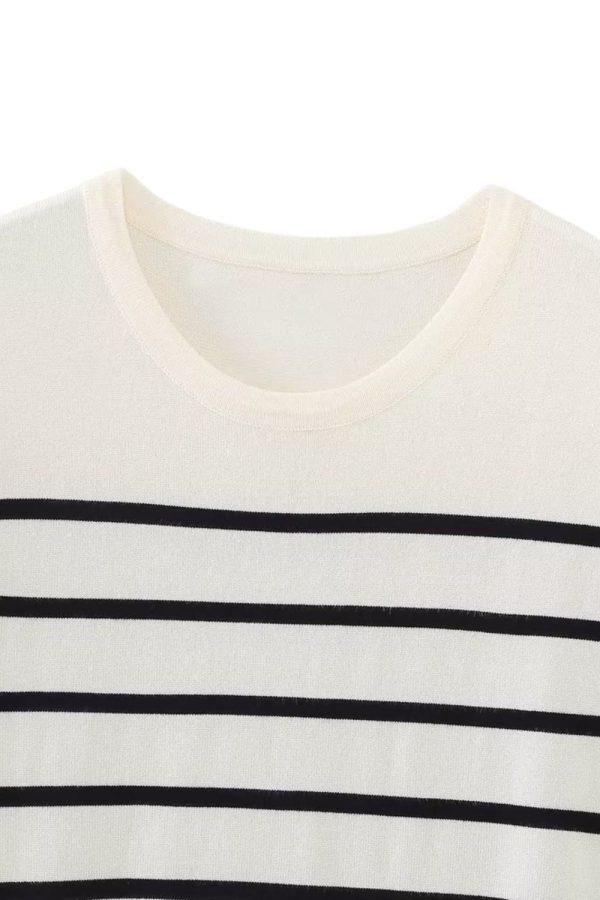 ‘Nataliya’ Stripe Short Sleeve Round Neck Basic Knit Sweater Top Supply - Image 3