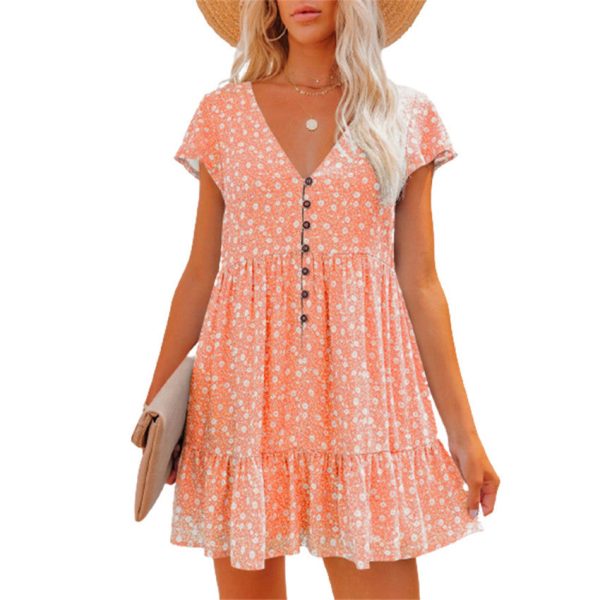 Printed V-Neck Buttoned Short Sleeve Mini Dress on Sale - Image 3