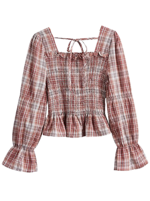 Kai  Plaid Ruched Ruffled Tied Top (2 Colors) Online - Image 3