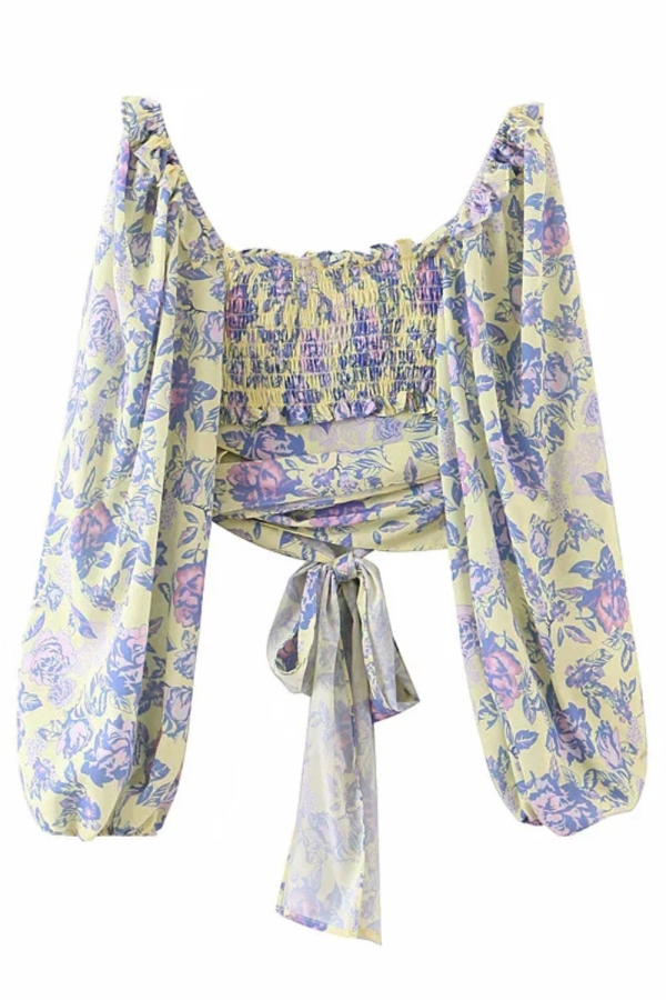 Jacqueline  Floral Long-Sleeve Tie Crop Top Hot on Sale - Image 2