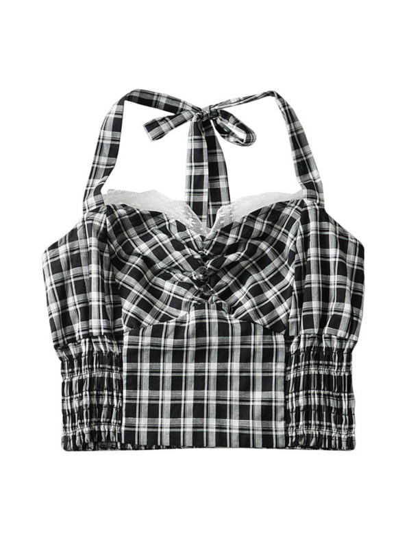 Jeanny  Halter-neck Plaid Ruched Top Online