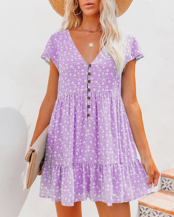 Printed V-Neck Buttoned Short Sleeve Mini Dress on Sale