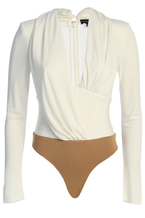 White Drape Corset Bodysuit For Discount - Image 2