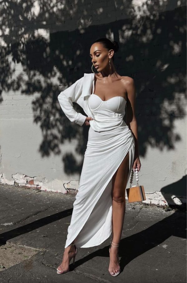 White Evita Linen Draped Dress Sale