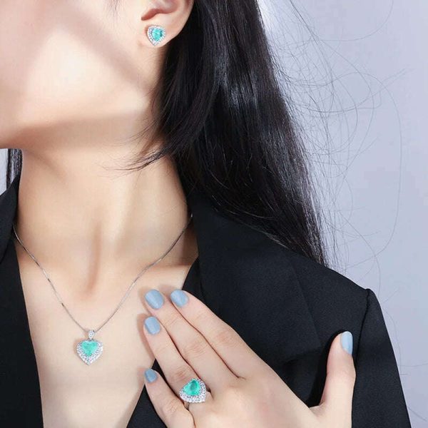 Luxury 925 Sterling Silver Paraiba Heart Necklace Earrings Ring for Women Girl Wedding Dinner Party Jewelry Set Anniversary Gift Sale - Image 3
