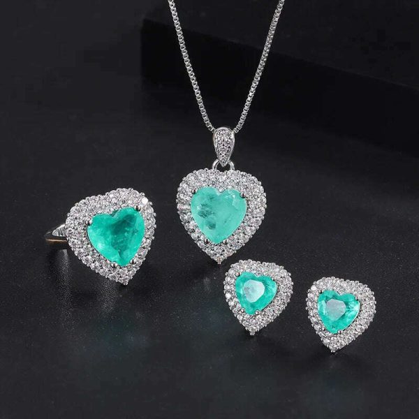 Luxury 925 Sterling Silver Paraiba Heart Necklace Earrings Ring for Women Girl Wedding Dinner Party Jewelry Set Anniversary Gift Sale